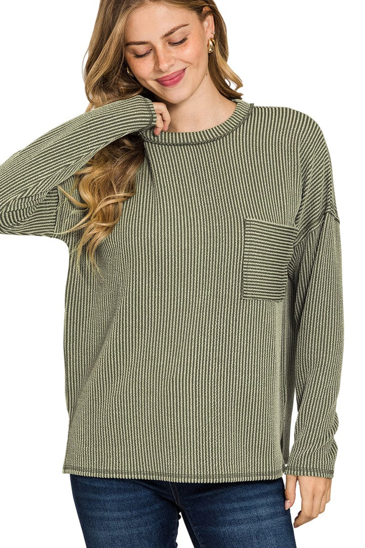 Zenana Long Sleeve Ribbed Front Pocket Top