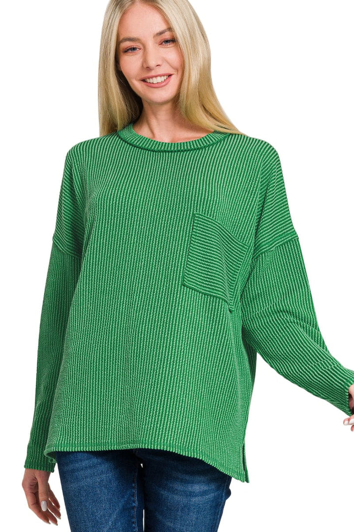 Zenana Long Sleeve Ribbed Front Pocket Top