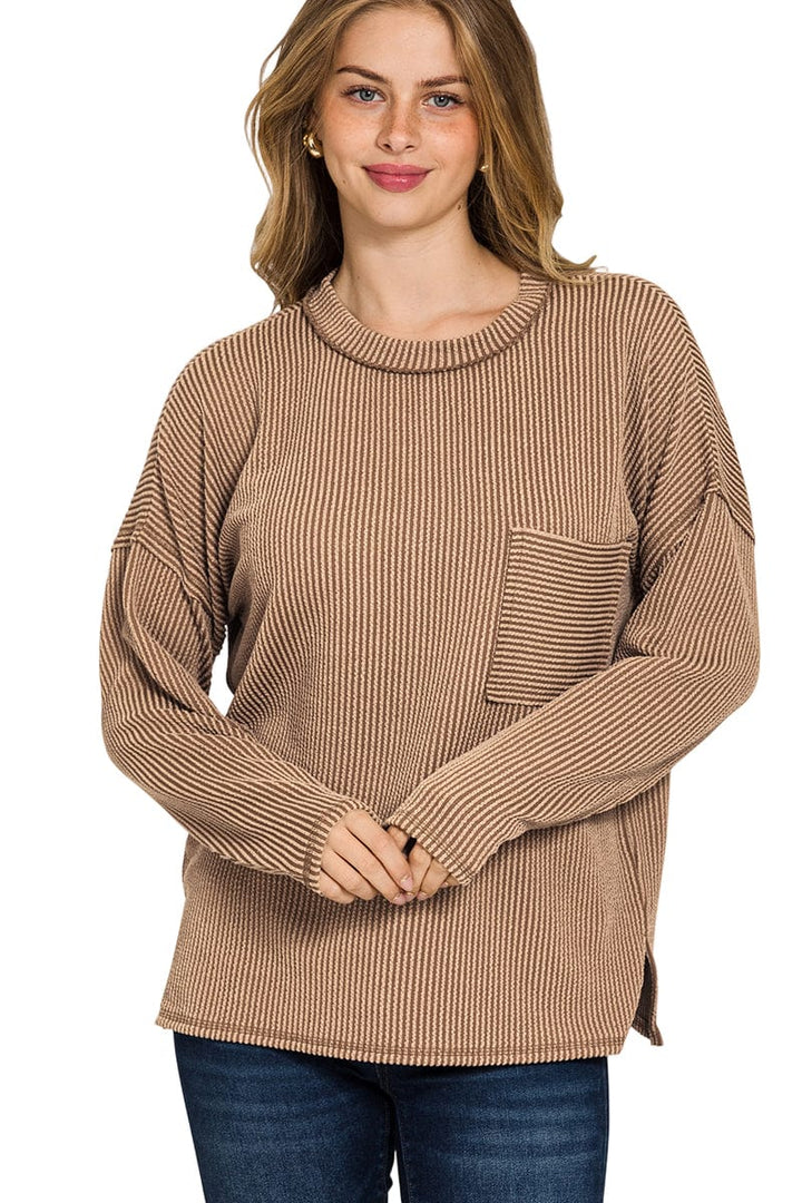 Zenana Long Sleeve Ribbed Front Pocket Top