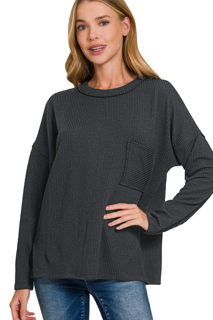 Zenana Long Sleeve Ribbed Front Pocket Top