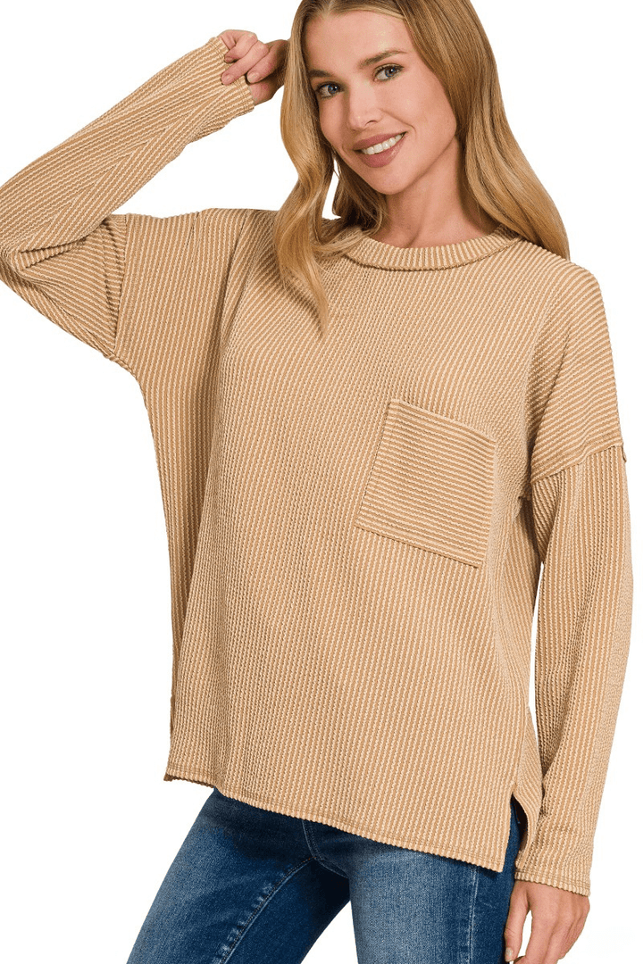 Zenana Long Sleeve Ribbed Front Pocket Top