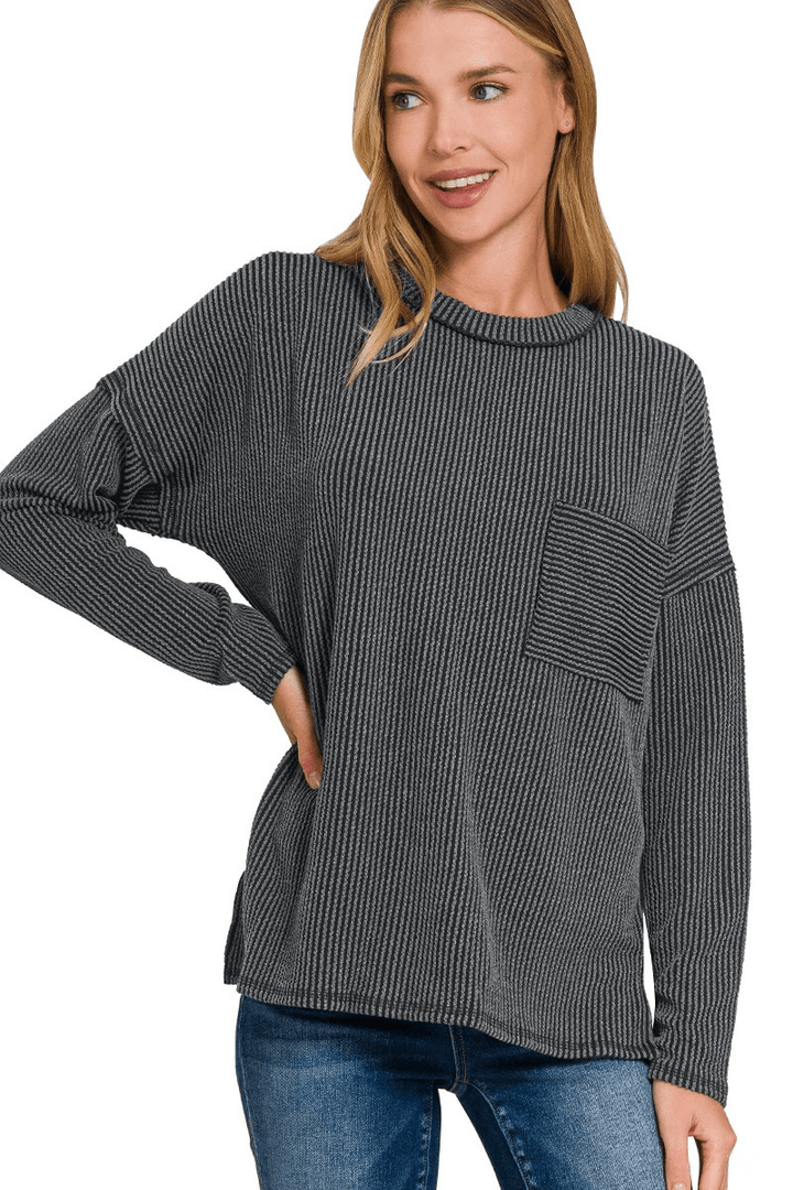 Zenana Long Sleeve Ribbed Front Pocket Top