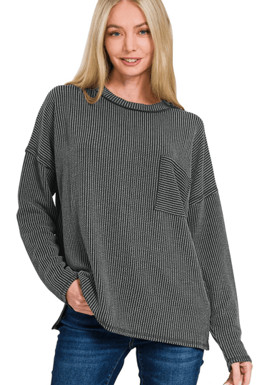 Zenana Long Sleeve Ribbed Front Pocket Top