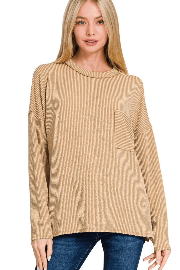 Zenana Long Sleeve Ribbed Front Pocket Top