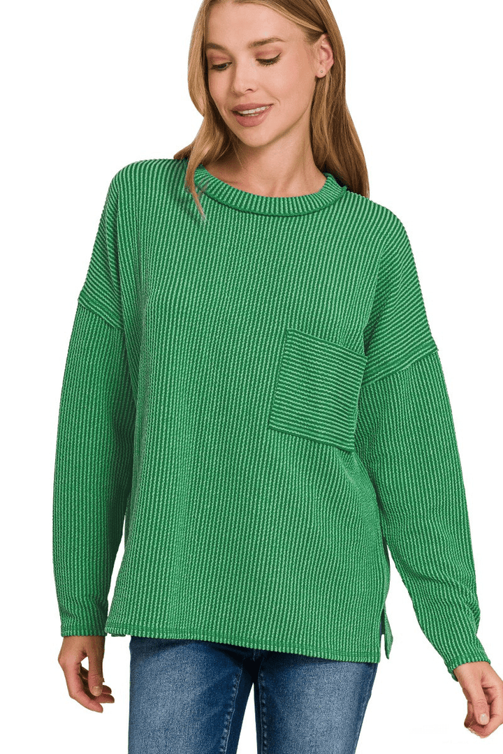 Zenana Long Sleeve Ribbed Front Pocket Top