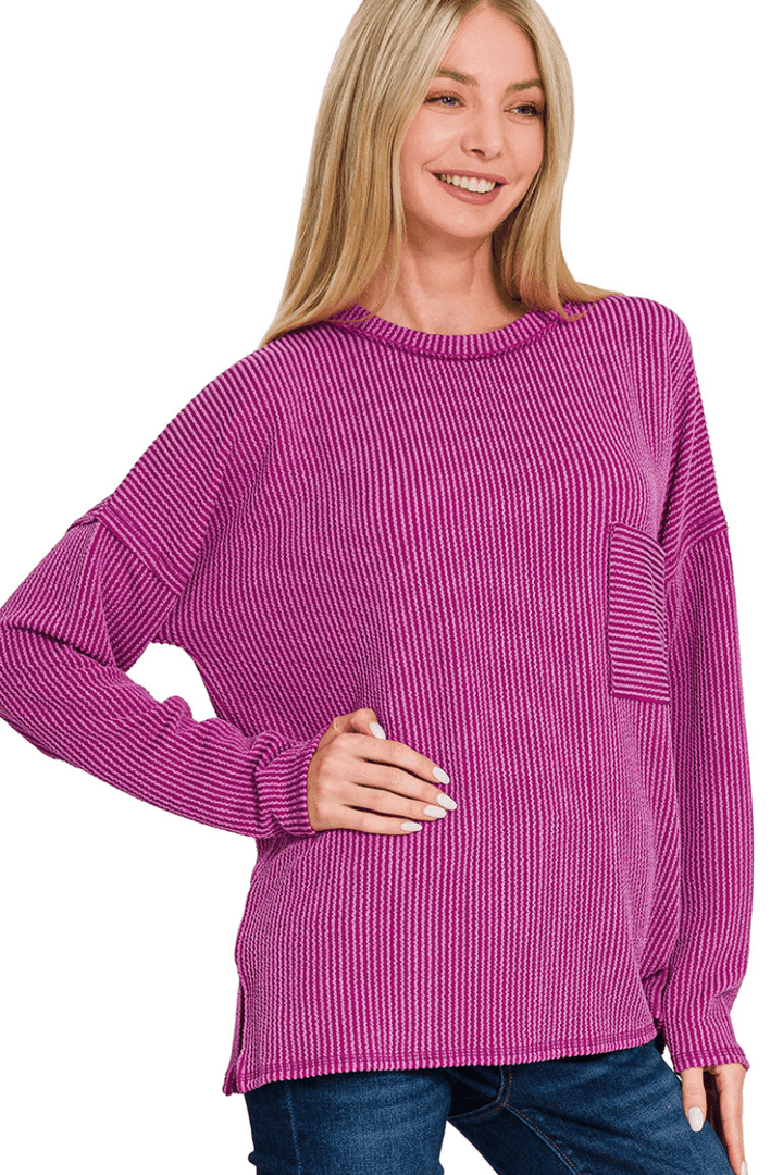 Zenana Long Sleeve Ribbed Front Pocket Top