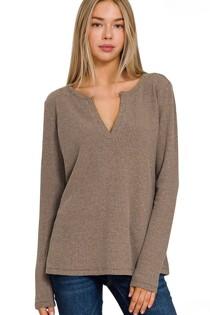 Zenana Melange Baby Waffle -Neck Long Sleeve Top