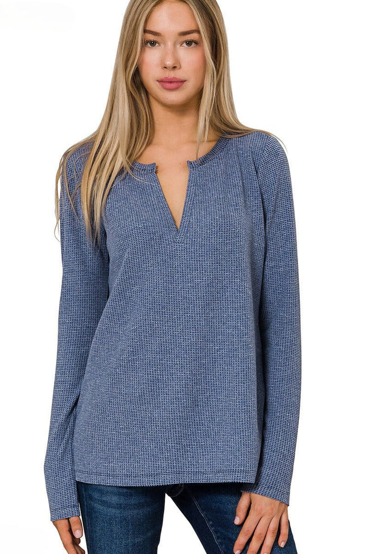 Zenana Melange Baby Waffle -Neck Long Sleeve Top