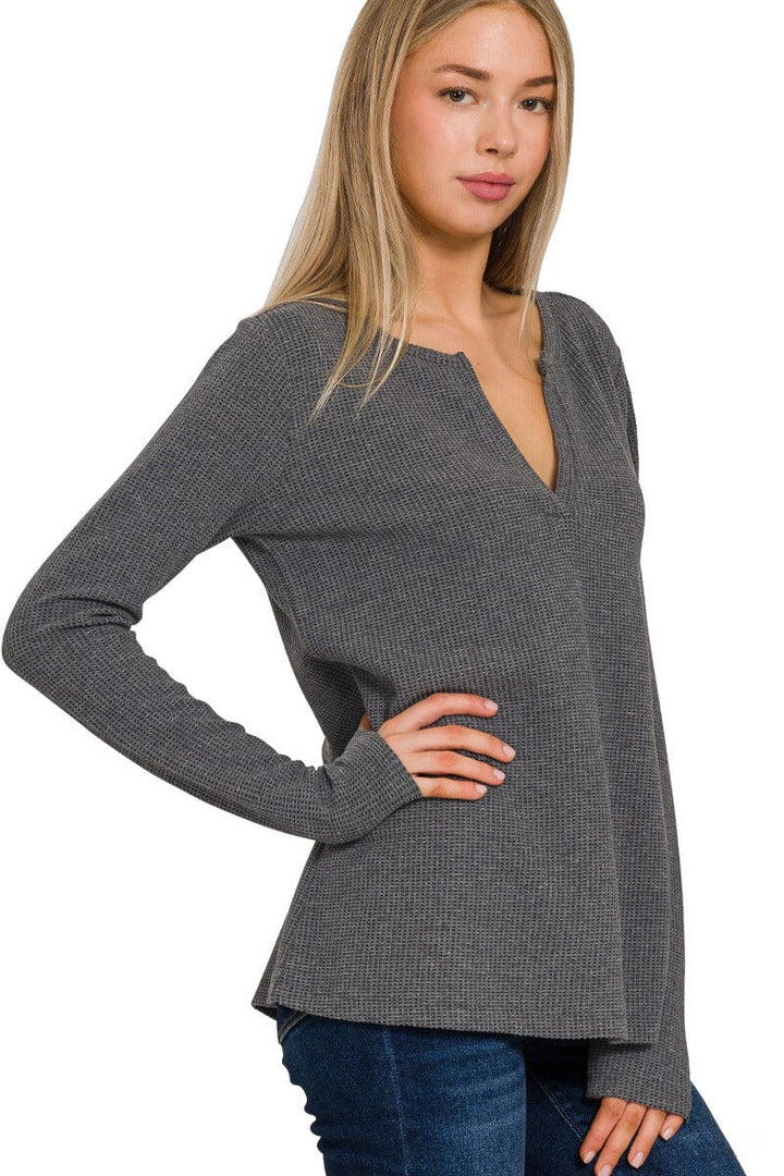 Zenana Melange Baby Waffle -Neck Long Sleeve Top