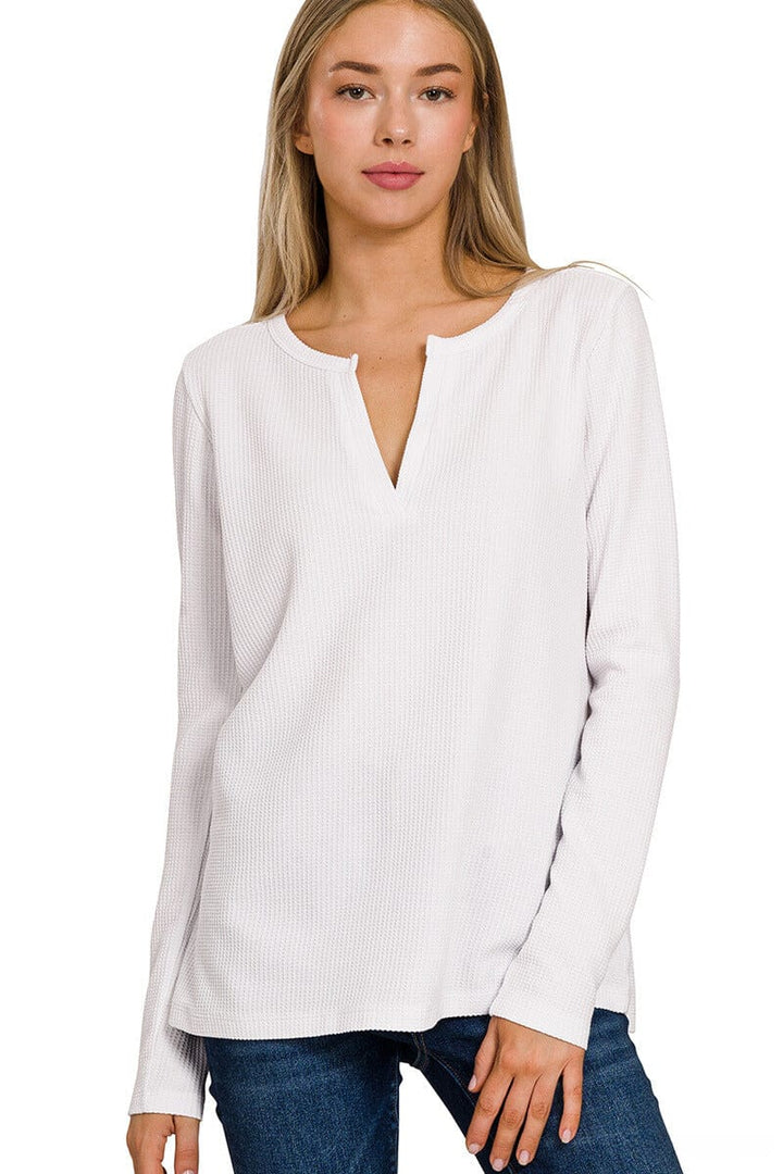 Zenana Melange Baby Waffle -Neck Long Sleeve Top