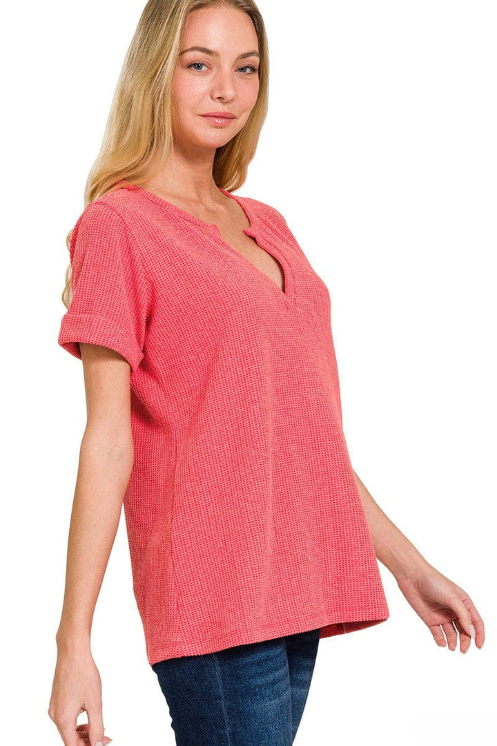 Zenana Melange Baby Waffle Split Neckline Short Sleeve Top