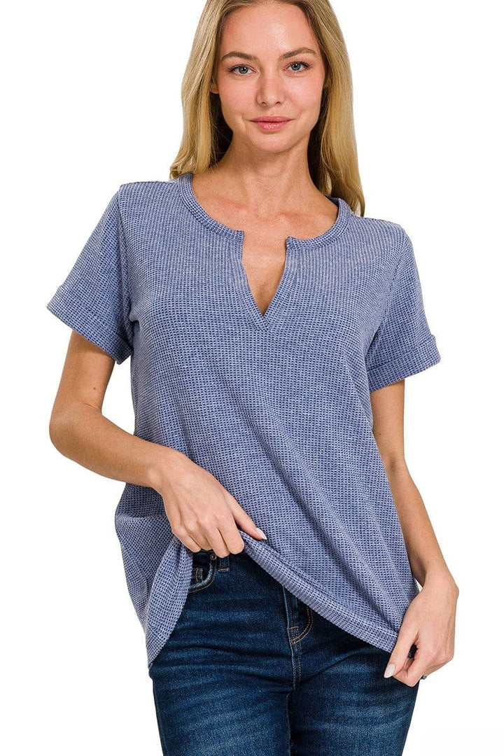 Zenana Melange Baby Waffle Split Neckline Short Sleeve Top