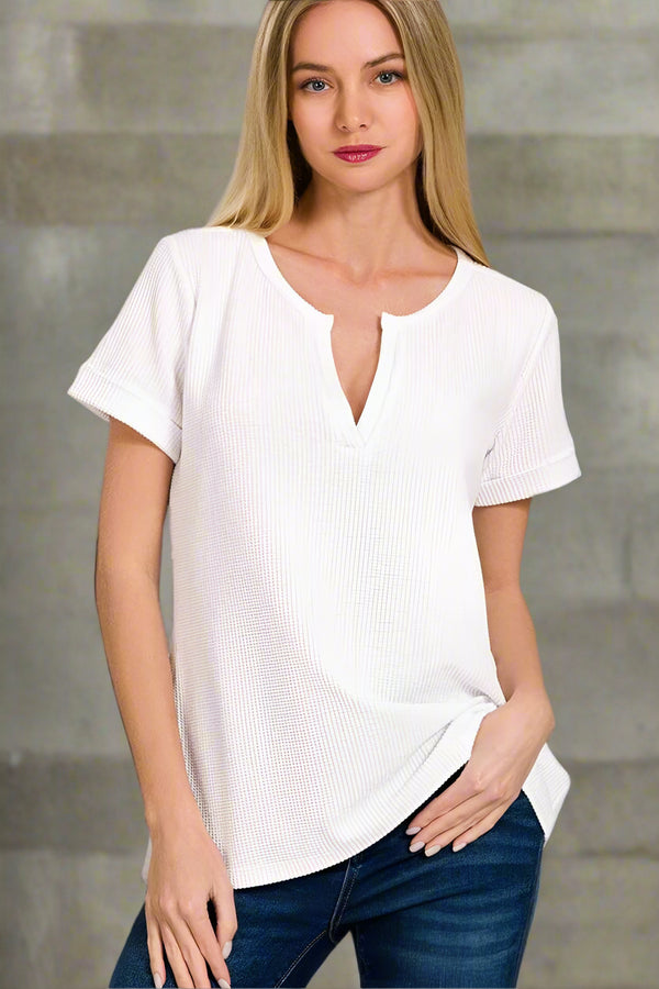 Zenana Melange Baby Waffle Split Neckline Short Sleeve Top