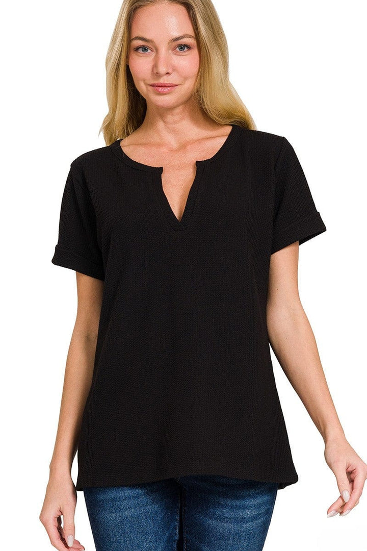 Zenana Melange Baby Waffle Split Neckline Short Sleeve Top