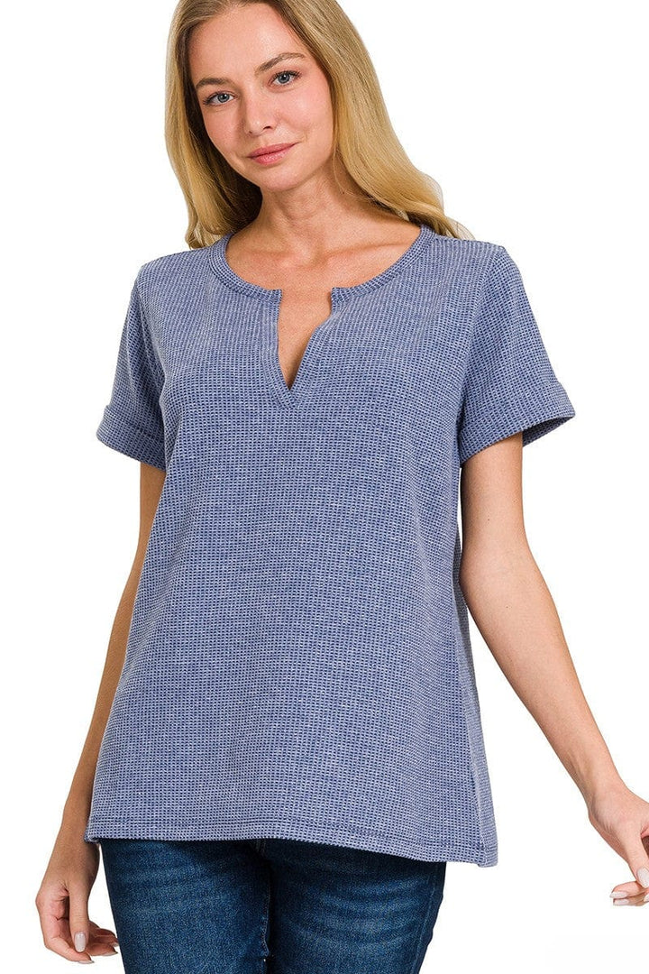 Zenana Melange Baby Waffle Split Neckline Short Sleeve Top