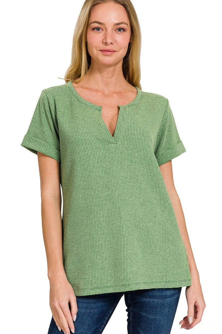 Zenana Melange Baby Waffle Split Neckline Short Sleeve Top