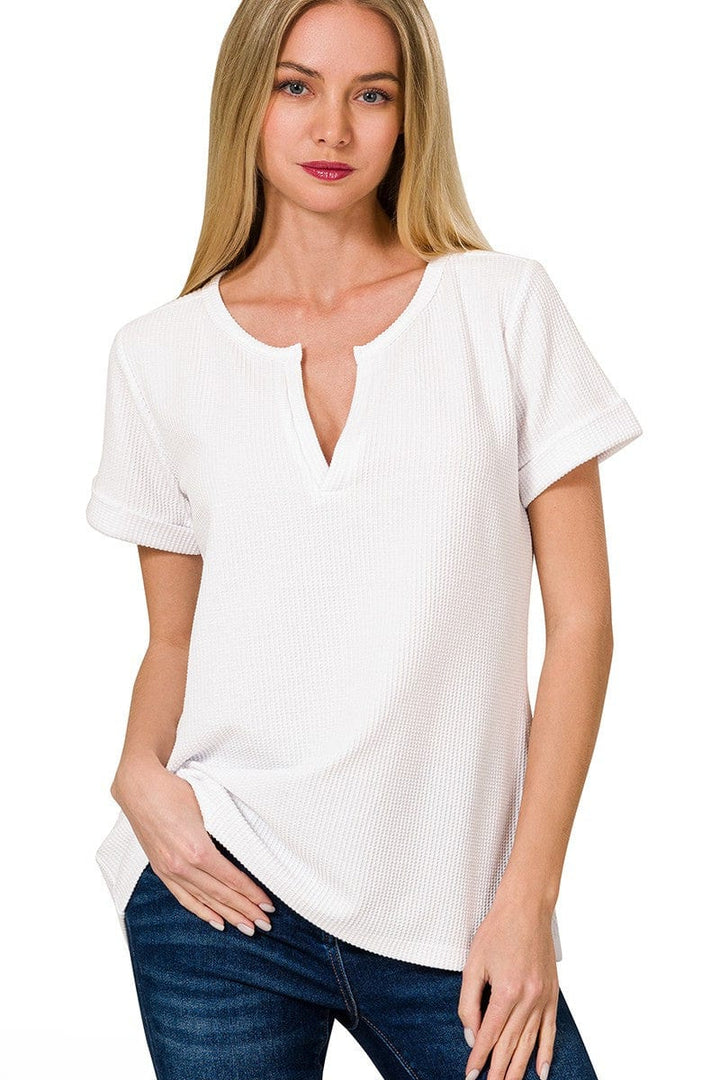 Zenana Melange Baby Waffle Split Neckline Short Sleeve Top