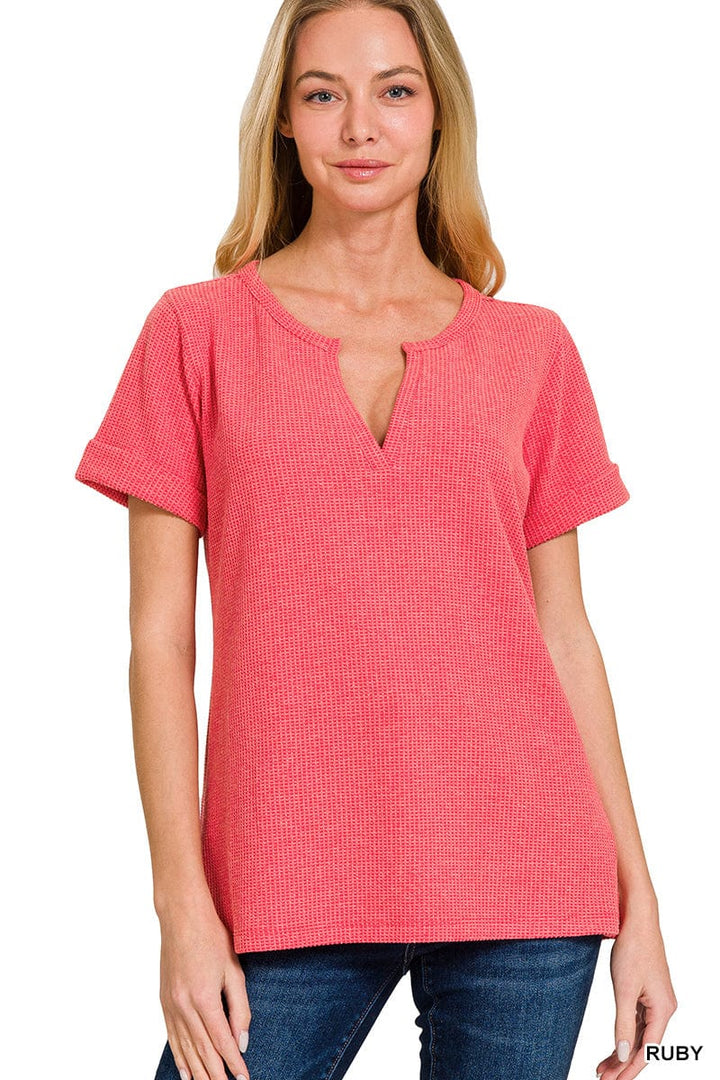 Zenana Melange Baby Waffle Split Neckline Short Sleeve Top