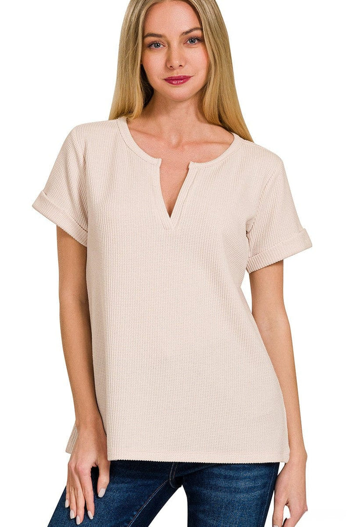 Zenana Melange Baby Waffle Split Neckline Short Sleeve Top