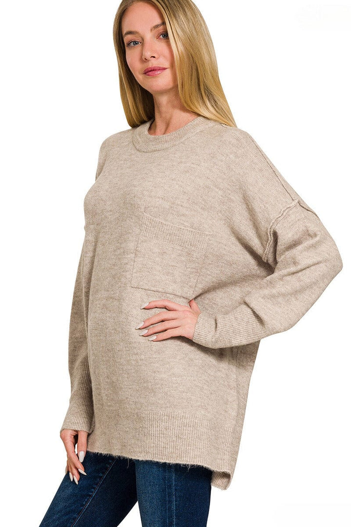 Zenana Melange Hi-Low Hem Pocket Sweater