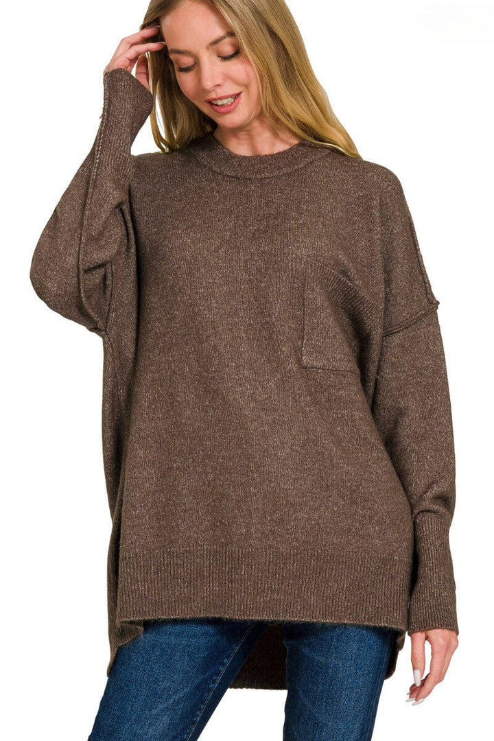 Zenana Melange Hi-Low Hem Pocket Sweater