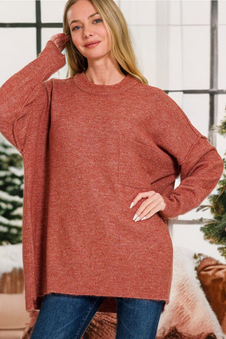 Zenana Melange Hi-Low Hem Pocket Sweater