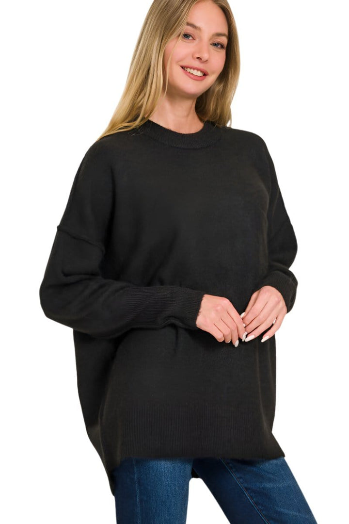 Zenana Melange Hi-Low Hem Pocket Sweater