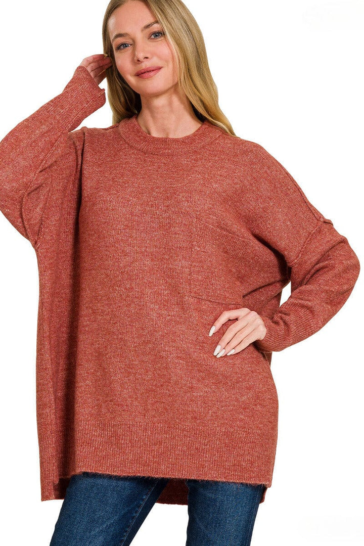 Zenana Melange Hi-Low Hem Pocket Sweater