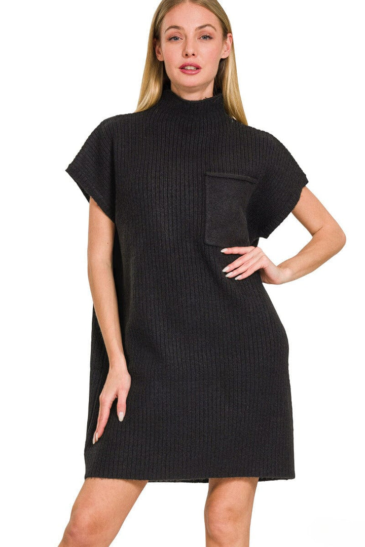 Zenana Mock Neck Short Sleeve Sweater Dress with Chest Pocket