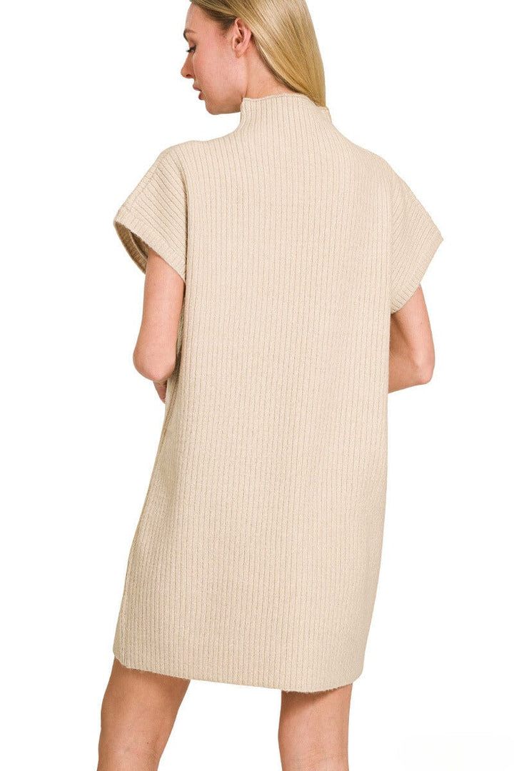 Zenana Mock Neck Short Sleeve Sweater Dress with Chest Pocket