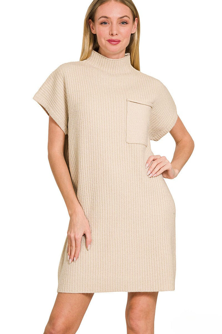 Zenana Mock Neck Short Sleeve Sweater Dress with Chest Pocket