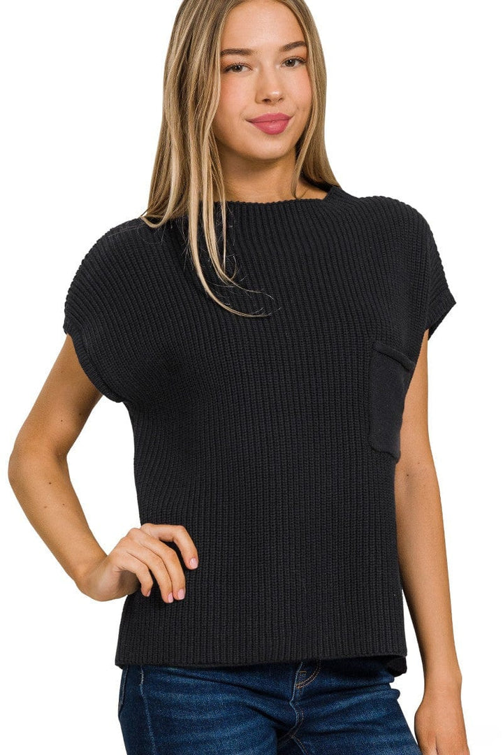 Zenana Mock Neck Short Sleeve Sweater with Front Pocket