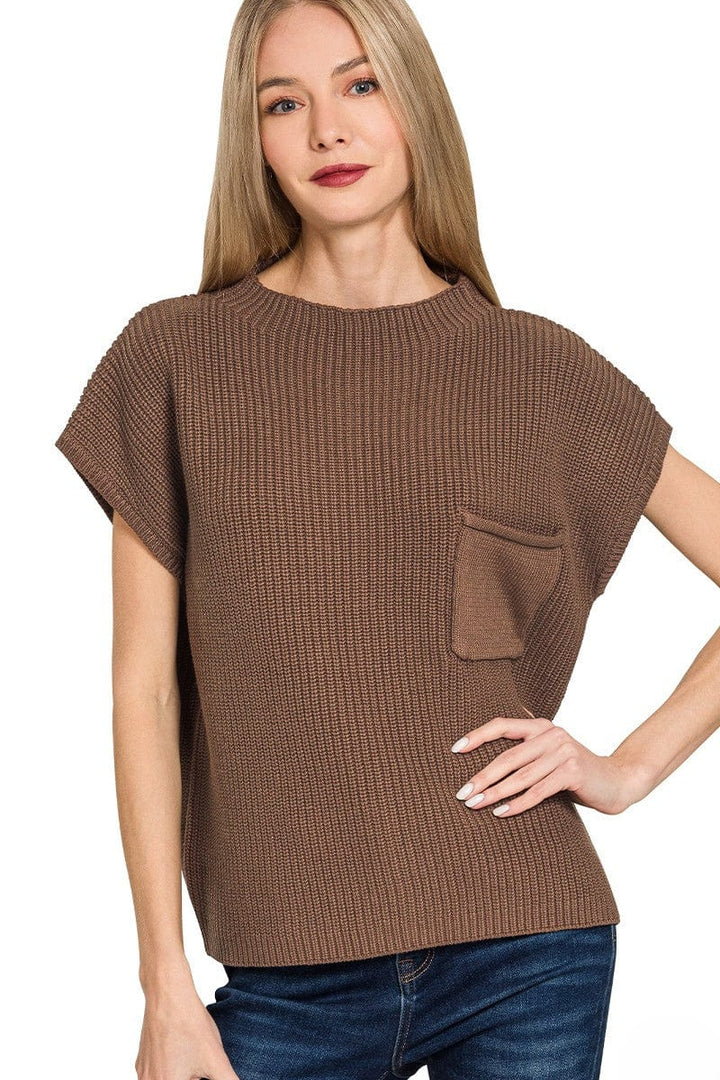 Zenana Mock Neck Short Sleeve Sweater with Front Pocket