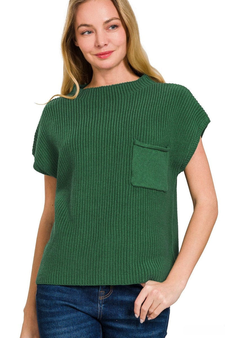 Zenana Mock Neck Short Sleeve Sweater with Front Pocket