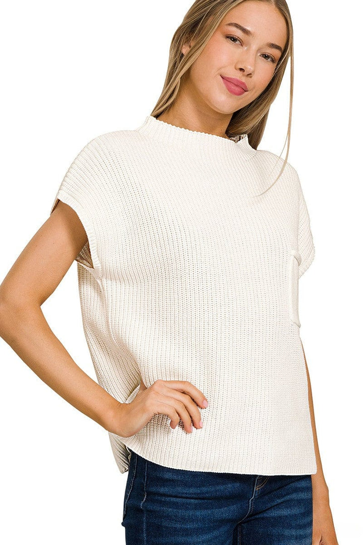 Zenana Mock Neck Short Sleeve Sweater with Front Pocket