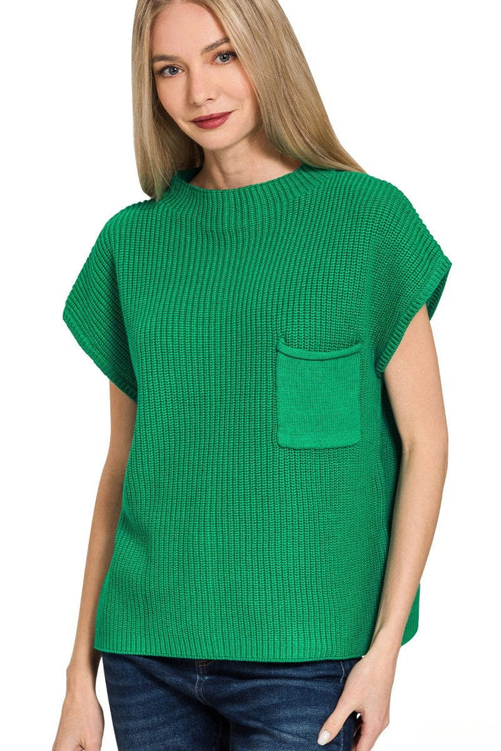 Zenana Mock Neck Short Sleeve Sweater with Front Pocket