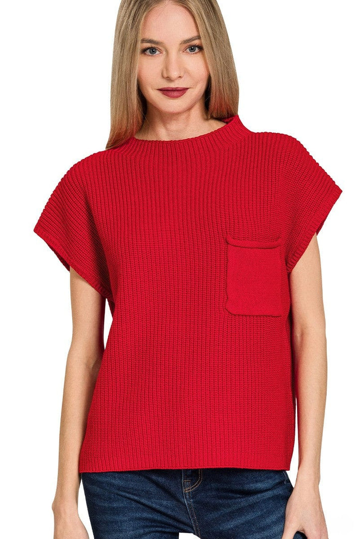 Zenana Mock Neck Short Sleeve Sweater with Front Pocket