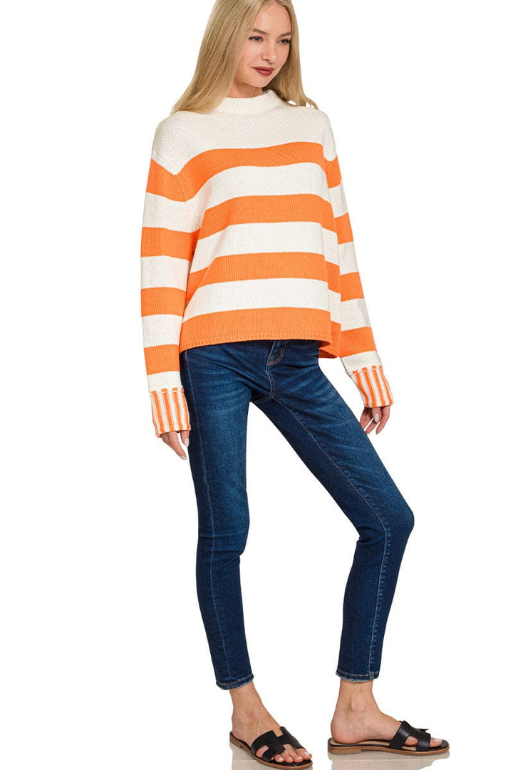 Zenana Multi Size Stripe Wide Neck Sweater with Outseam Sleeve Details