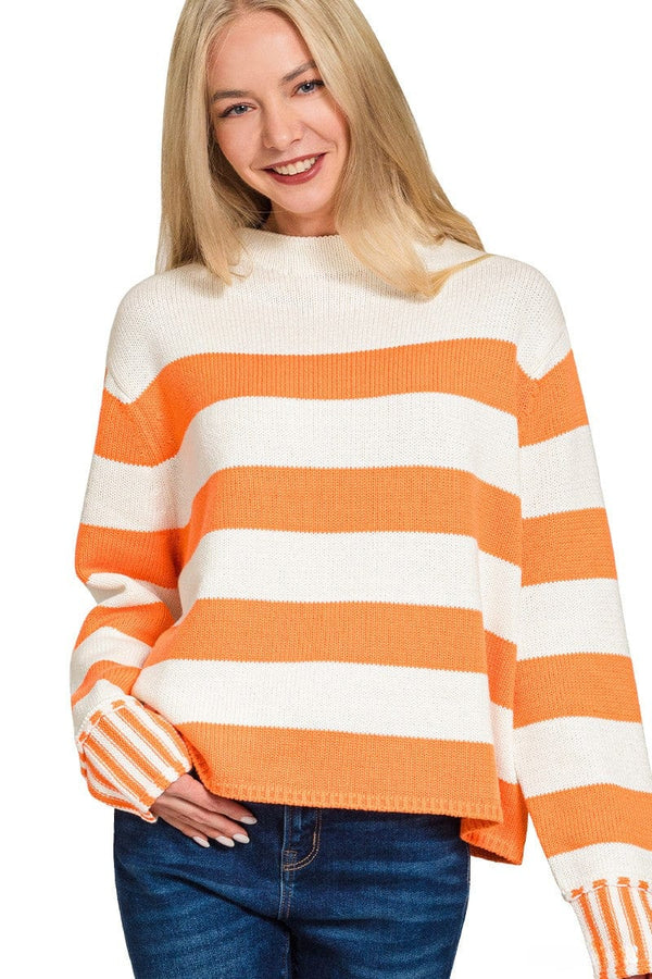 Zenana Multi Size Stripe Wide Neck Sweater with Outseam Sleeve Details