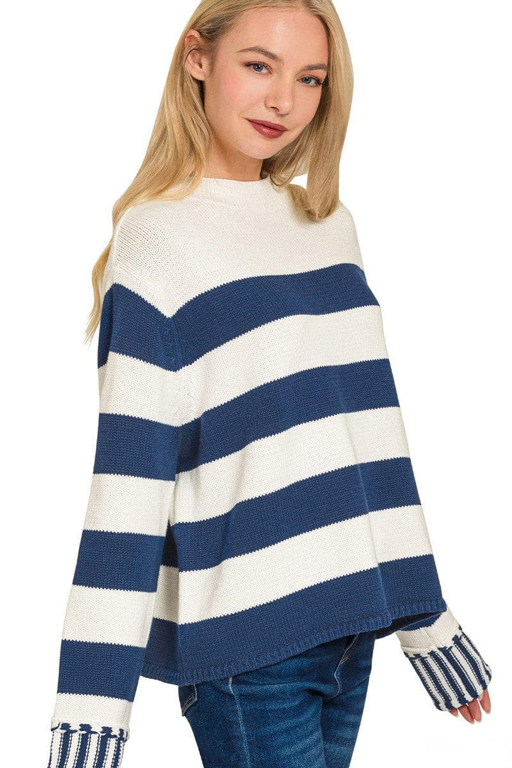 Zenana Multi Size Stripe Wide Neck Sweater with Outseam Sleeve Details