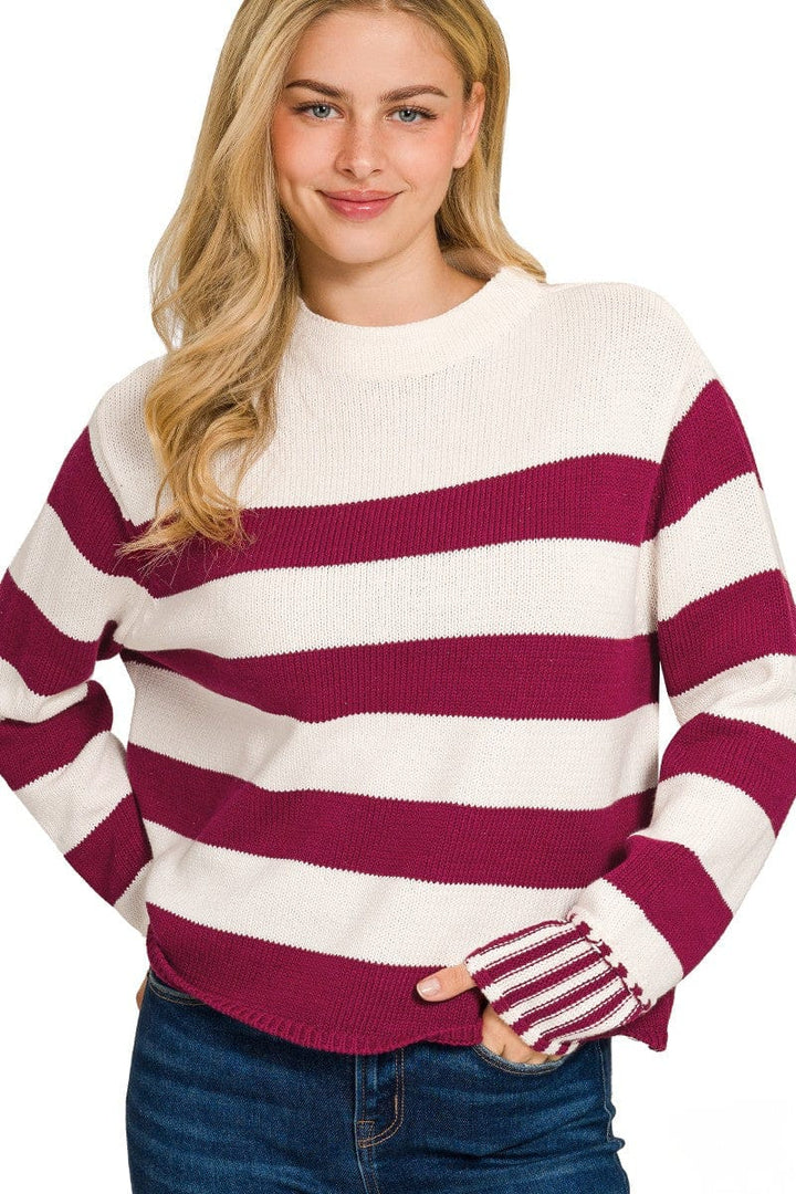 Zenana Multi Size Stripe Wide Neck Sweater with Outseam Sleeve Details