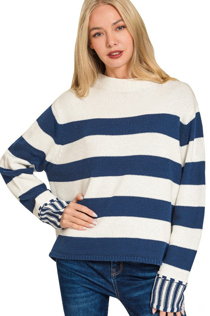 Zenana Multi Size Stripe Wide Neck Sweater with Outseam Sleeve Details
