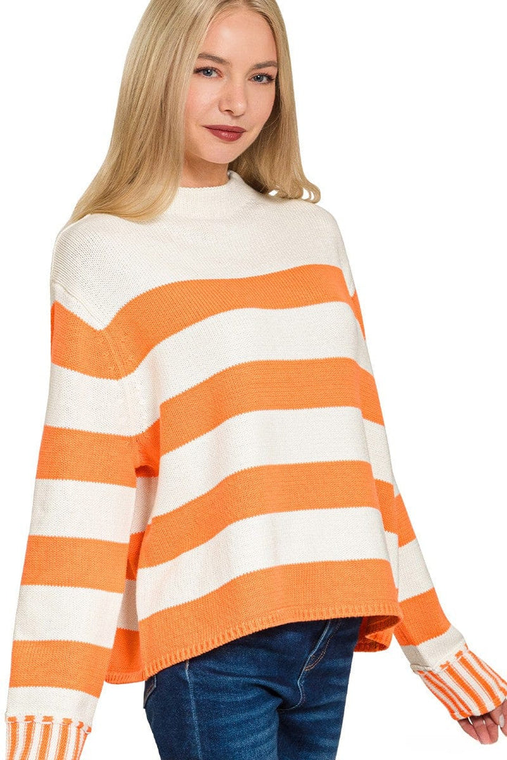 Zenana Multi Size Stripe Wide Neck Sweater with Outseam Sleeve Details