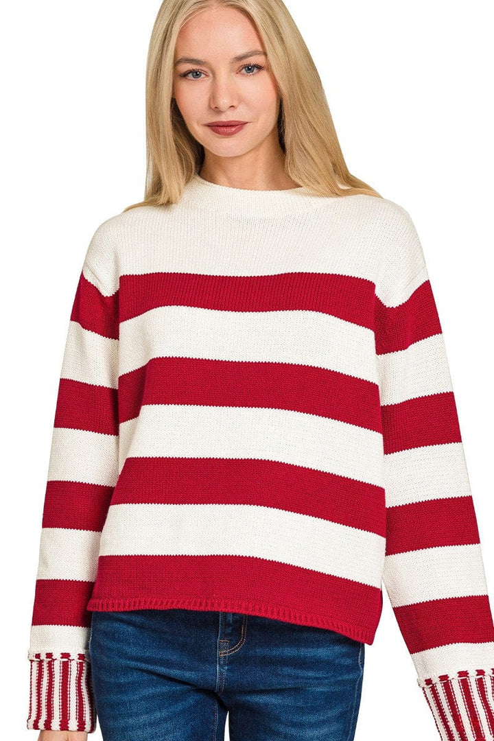 Zenana Multi Size Stripe Wide Neck Sweater with Outseam Sleeve Details