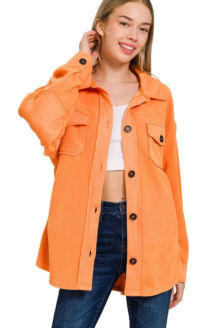 Zenana Oversized Button Up Fleece Shacket with Pockets