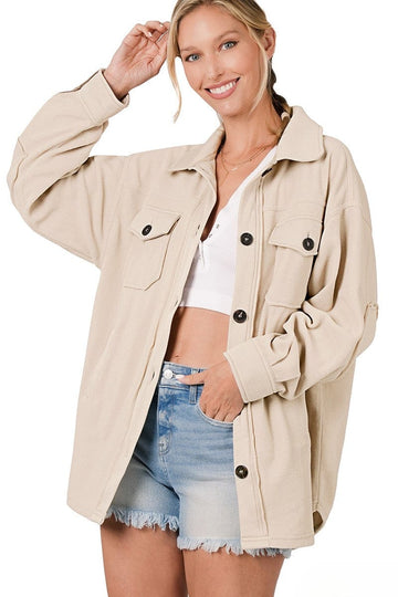 Zenana Oversized Button Up Fleece Shacket with Pockets