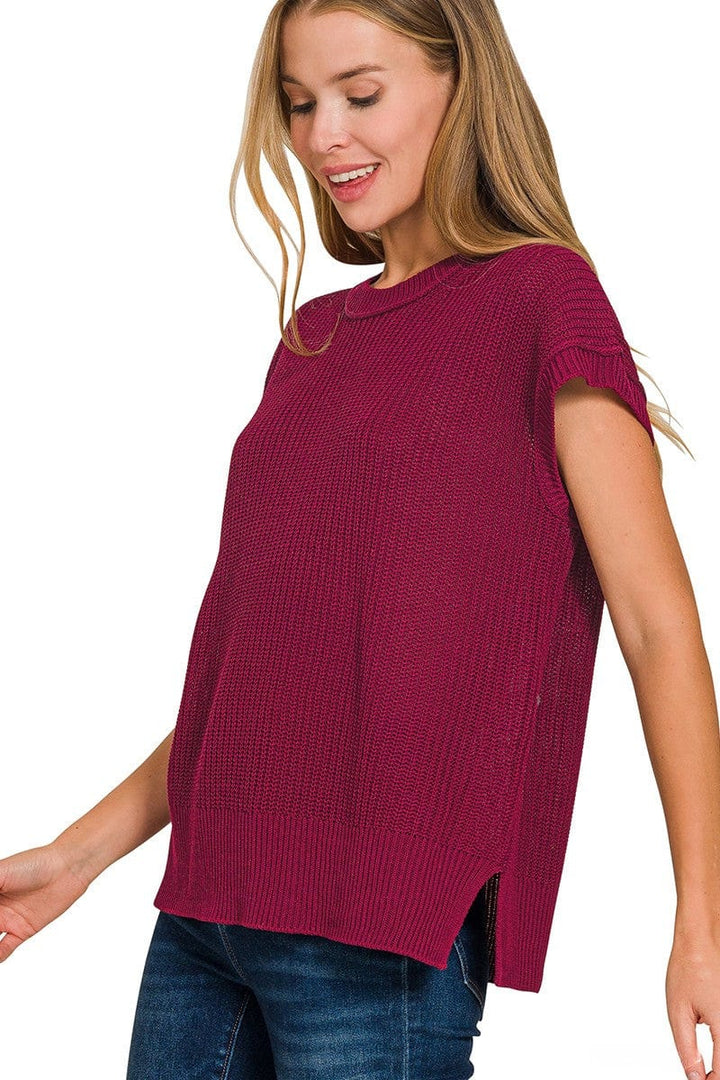 Zenana Oversized Crew Neck Short Sleeve Sweater Top with Side Slits