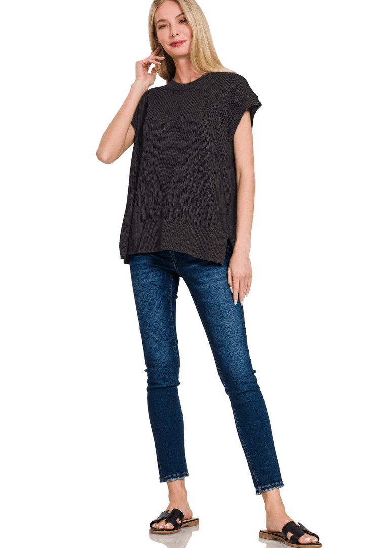 Zenana Oversized Crew Neck Short Sleeve Sweater Top with Side Slits