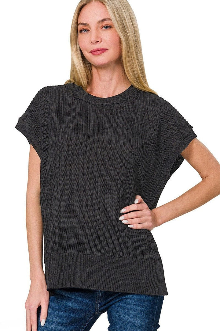 Zenana Oversized Crew Neck Short Sleeve Sweater Top with Side Slits
