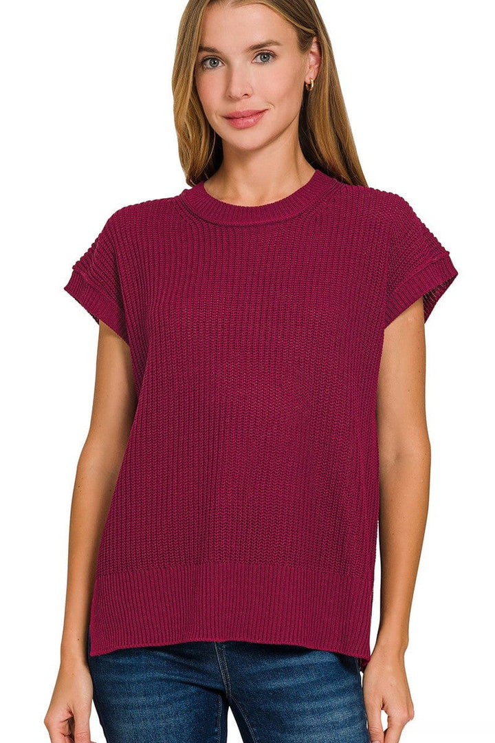 Zenana Oversized Crew Neck Short Sleeve Sweater Top with Side Slits